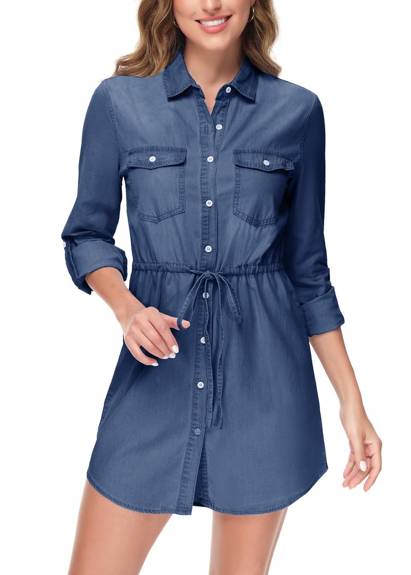 Anna-Kaci Women's Jean Shirt Dress Long Sleeves Waist Ties Casual Short Chambray Denim, Blue, Medium - Image 1